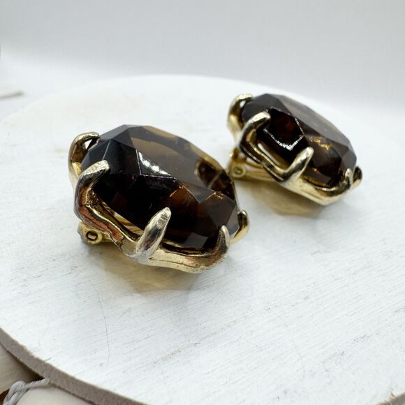 Vintage Smoky Topaz Amber Root beer Glass Large Headlight Clip On Earrings - Picture 2 of 10